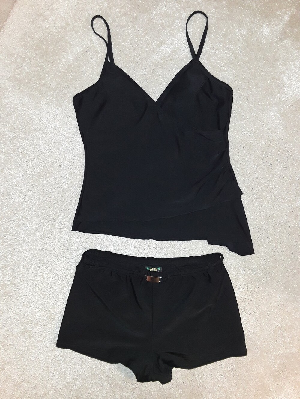 Bikini Bay Y2K Tankini Swimsuit - 2pc Black Asymmetrical Ruffle Coverage Buckle